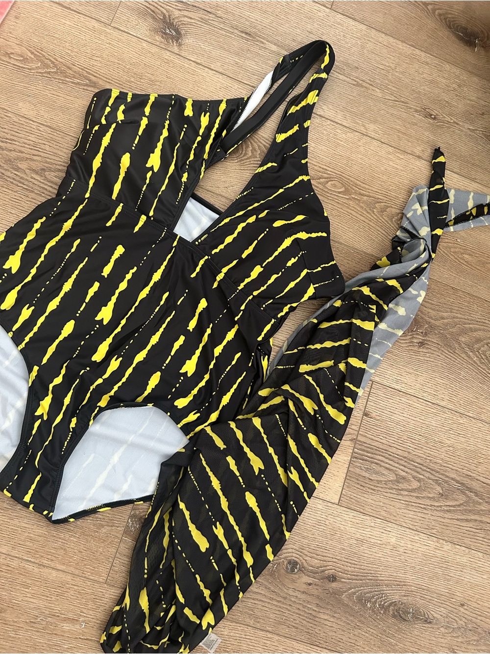 Black One-Piece Swimsuit with Yellow Brushstroke Print Size 1X